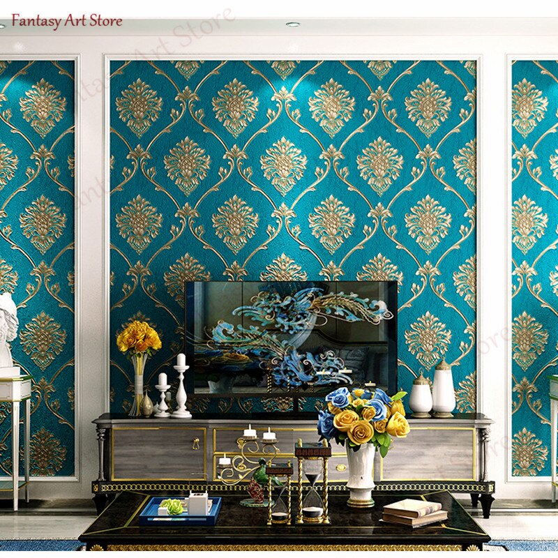 Milieuvriendelijke Verdikte Pvc Behang 3d Reliëf Europese Damascus Luxe Slaapkamer Woonkamer Tv Achtergrond Sticker: B