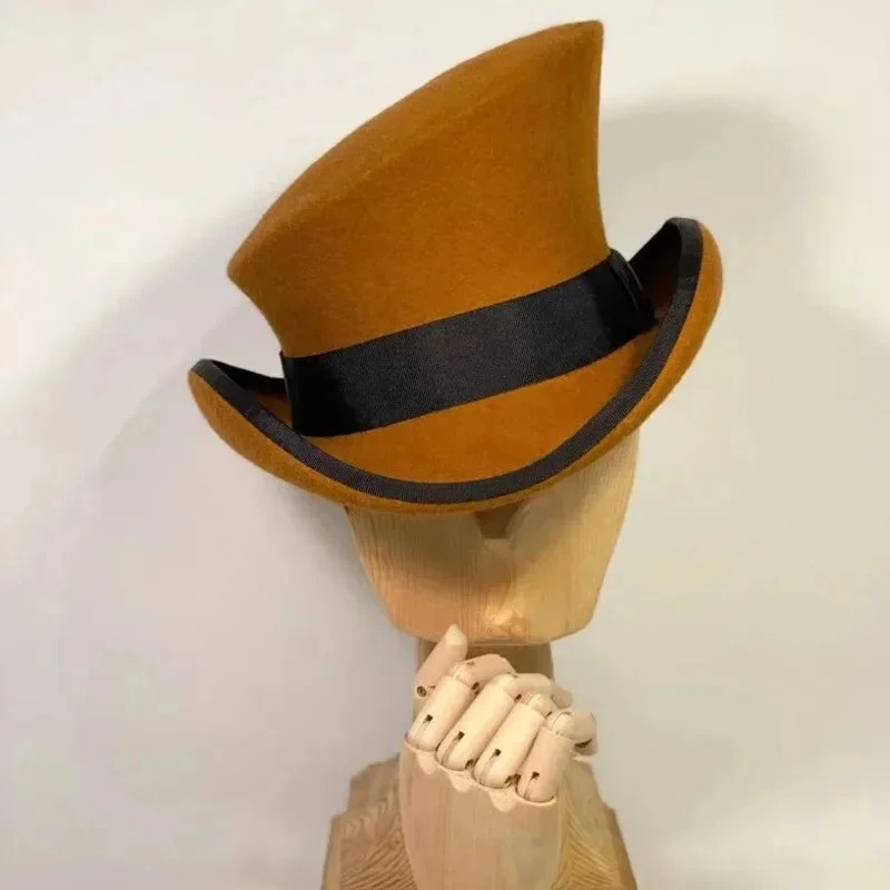 Men Women asymmetric top wool hats fashiona formal ribbon steam punk hat men lumber costume Cap Party decoration: Brown