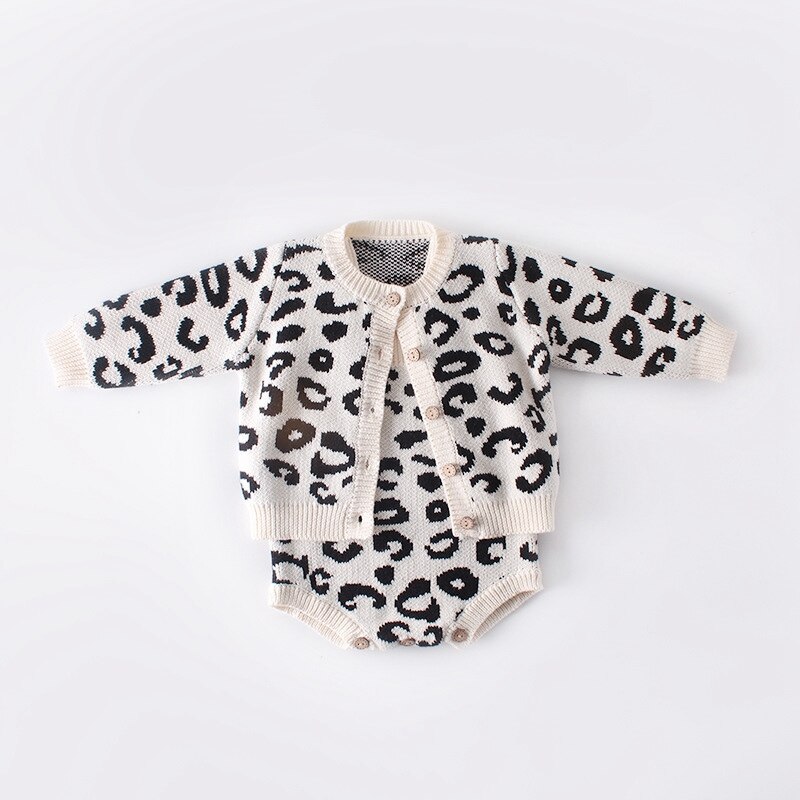 Winter Autumn Leopard Cardigan Coat Outwear Baby Infants Toddlers Girls Kids Children Knitwear Knit Sweater Romper S9811