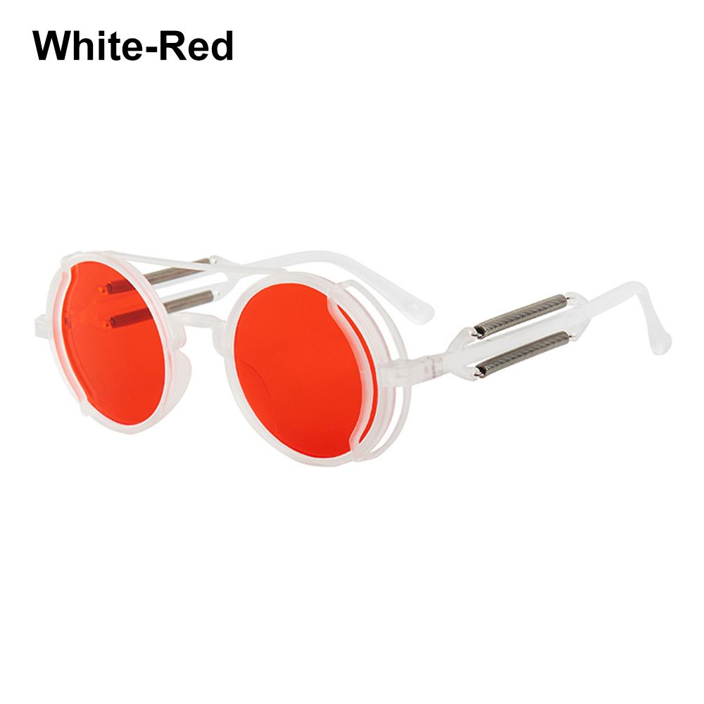 Gothic Punk UV400 Bescherming Trendy Ronde Zonnebril Steampunk Zonnebril Mannen Eyewear Zonnebril: White-Red