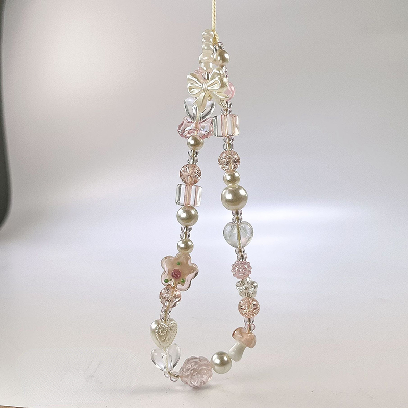 Cute Glass Bowknot Flower Bead Phone Strap Charm Chain Knot Cellphone Lanyard Keychain Girl Bag Camera Pendant for Airpods Case