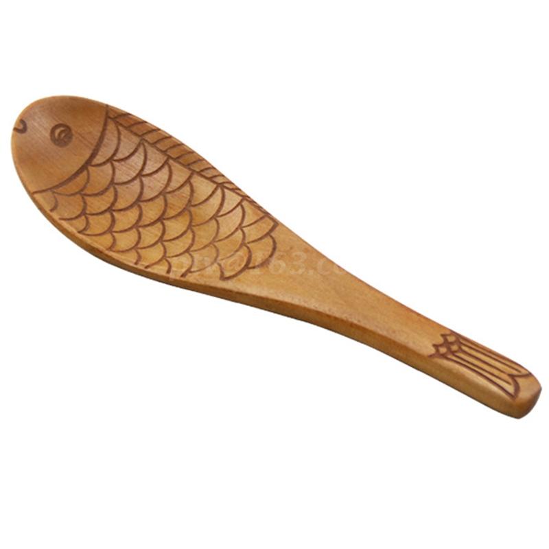 Cuchara de madera en forma de pez de estilo japonés, cuchara de textura tallada a mano, vajilla: Natural color