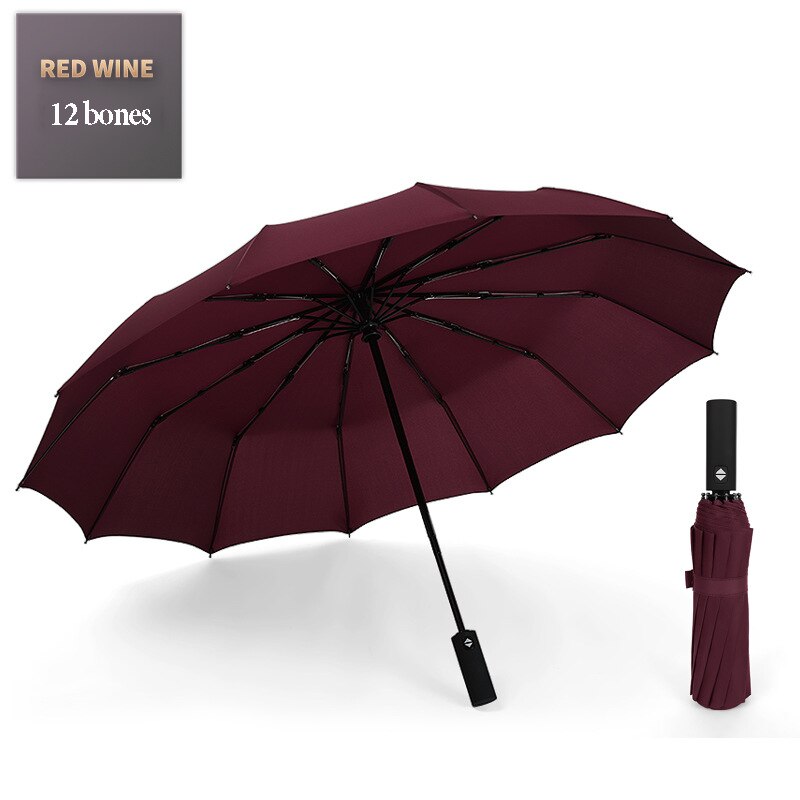 Paraguas fuerte, resistente al viento, plegable, automático, para hombres y mujeres, lluvia, 12 varillas, paraguas grandes, sombrilla con manija portátil de negocios: Claret