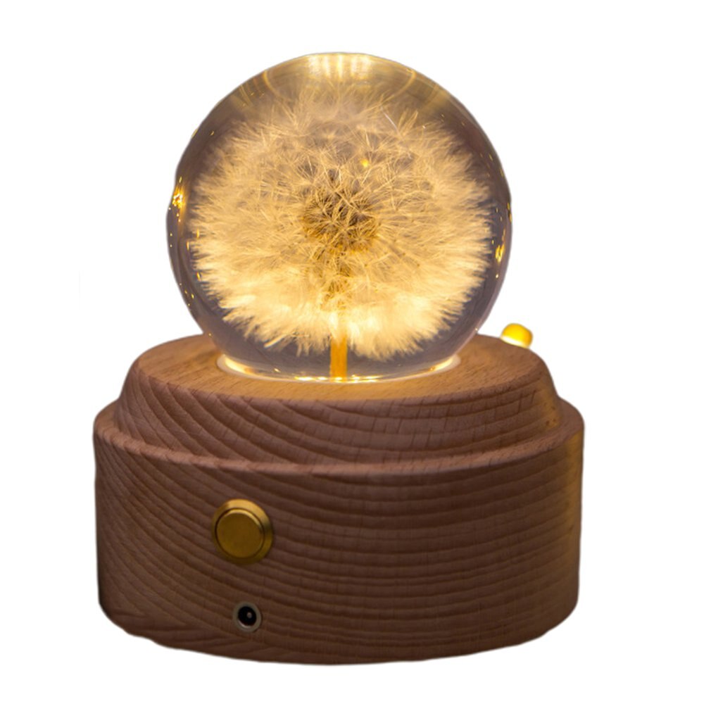 Boule De Cristal Pissenlit 60mm Avec Lampe LED - Décoration Lumineuse Sur Socle Bois
