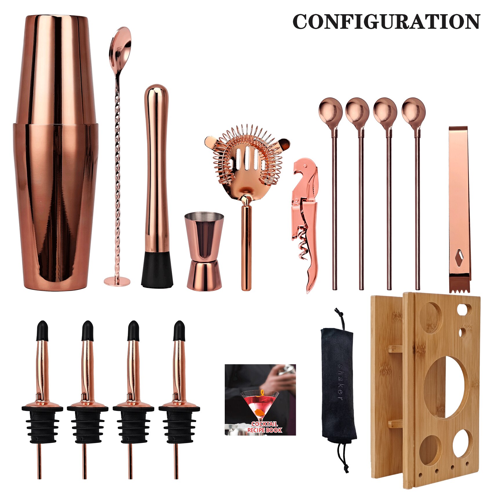 Barmann Bausatz,17-Stück Rose Gold Cocktail Shaker einstellen Mit Bambus Stehen, für Gemischte Getränke Martini Heimat Bar Werkzeuge Perfekte