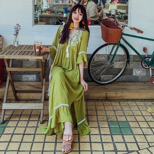 Vestido largo bohemio de algodón con bordado para mujer, ropa india, Kurta, estilo étnico, largo, para vacaciones en la playa: Green / XL