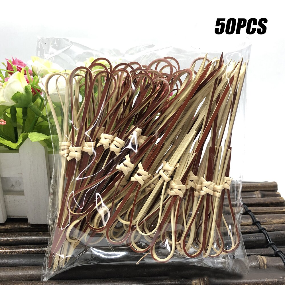 50PCS Disposable Bamboo Stick with Twisted End Scissors Shape for Barbecue Snack Sandwich Fruit Food Bamboo Stick 12cm Length: ZHGZ15610