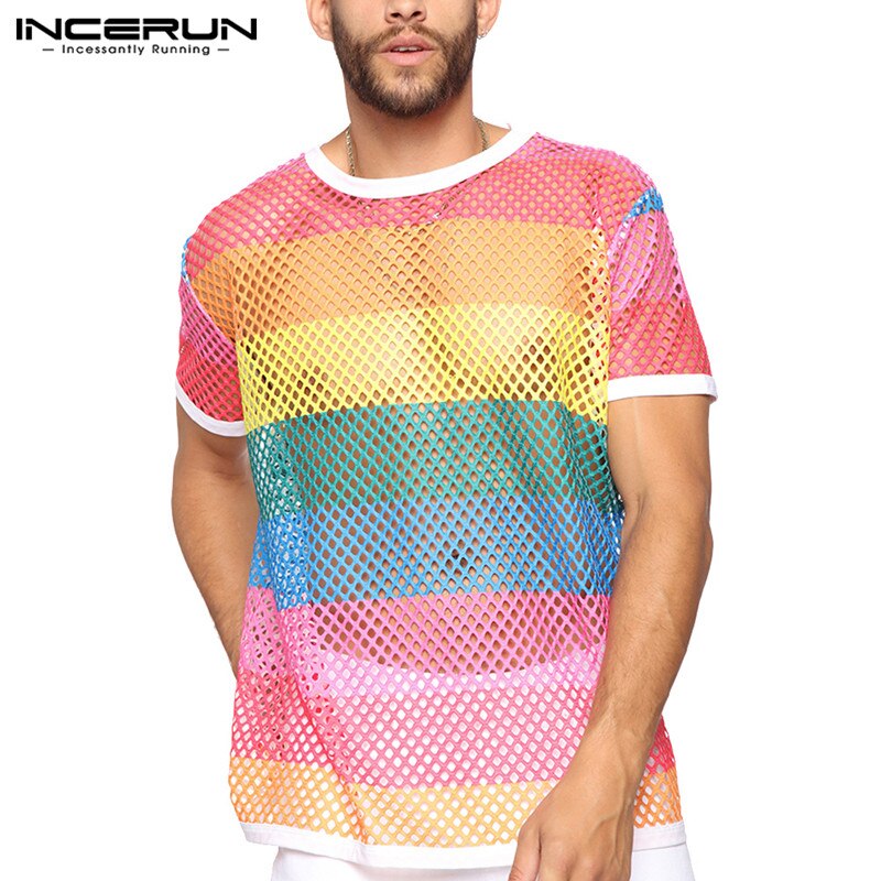 Camiseta de malla para hombre, camisetas degradadas de manga corta a la , blusa transparente con Tie Dye, ropa de calle, camisetas para fiestas en club nocturno, 7
