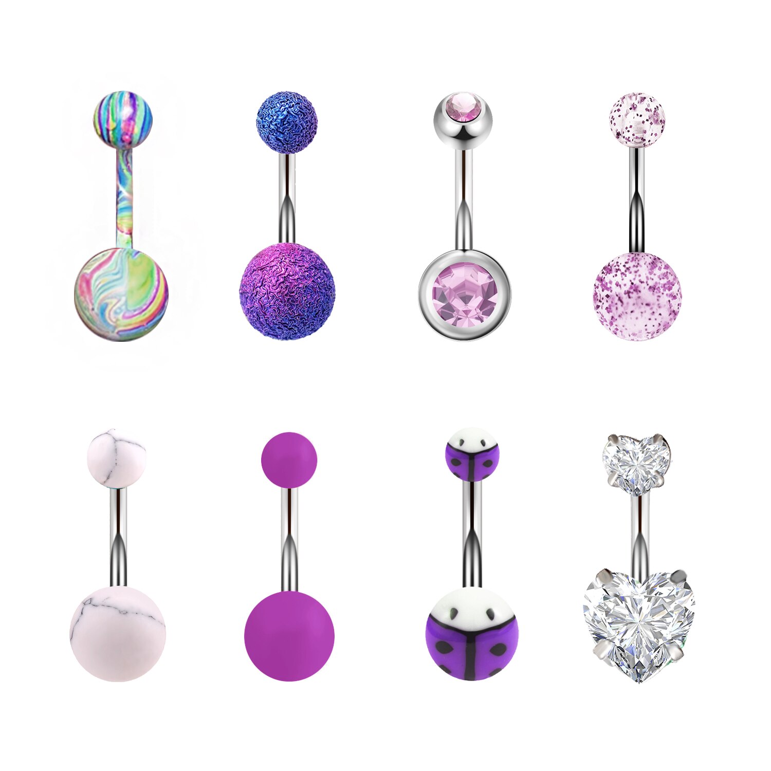 8Pcs Buik Piercing Belly Button Ring Crystal Sieraden Sexy Oorbellen Vrouwen Body Strand Goth Helix Navel Piercing kit: purple-8pcs