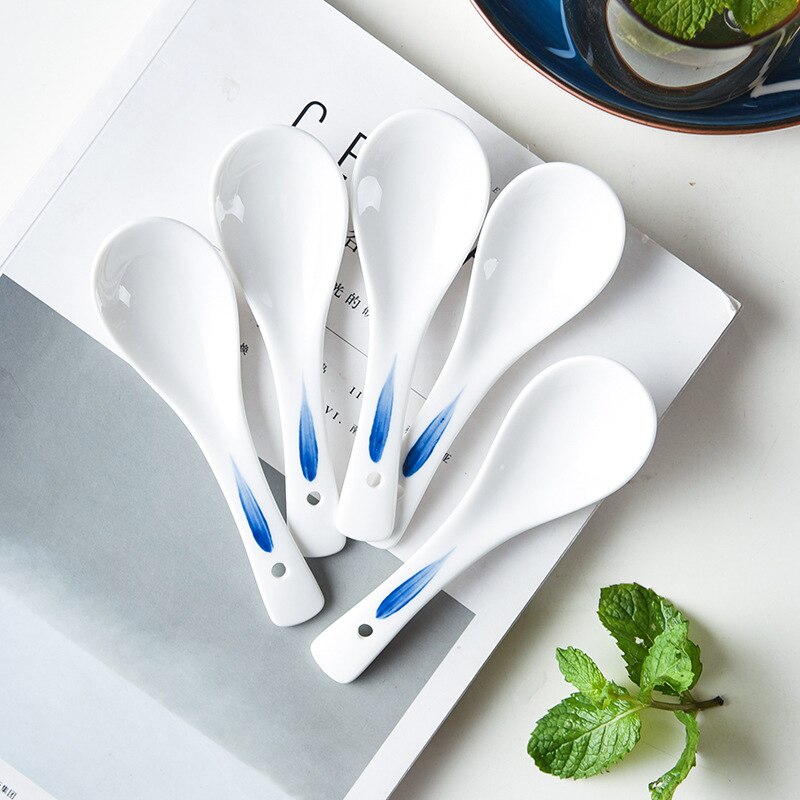 5PCS/SET Hand Drawn Japanese Ceramic Soup Spoons Environmental Protection Healthy Porcelain Household Tableware Spoons