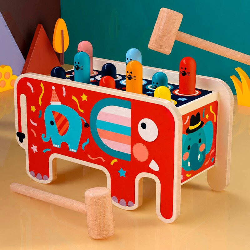 Young children wooden multifunctional hamster toy hand-eye coordination catching insects parent-child game cartoon 1-3 years: Red