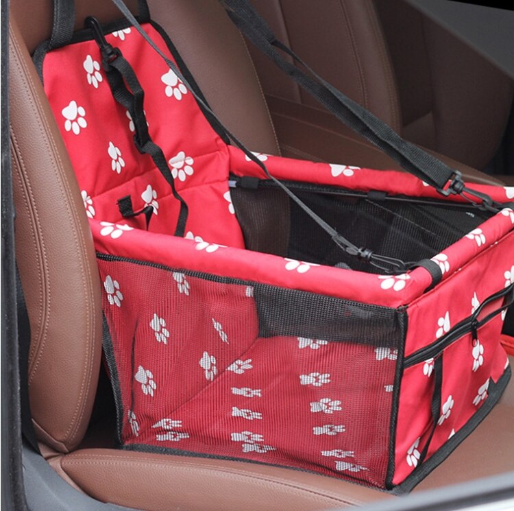 Travel Pet Dog Car Carrier Seat Bag for dogs in the car Safety Pet Transport print paw Car Folding Hammock autogamic for dogs: Red