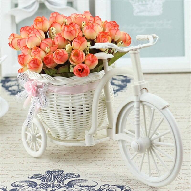 Rotting cykel vas med siden blommor färgglada mini ros blomma bukett tusensköna konstgjorda blommor för hem bröllop dekoration: A07