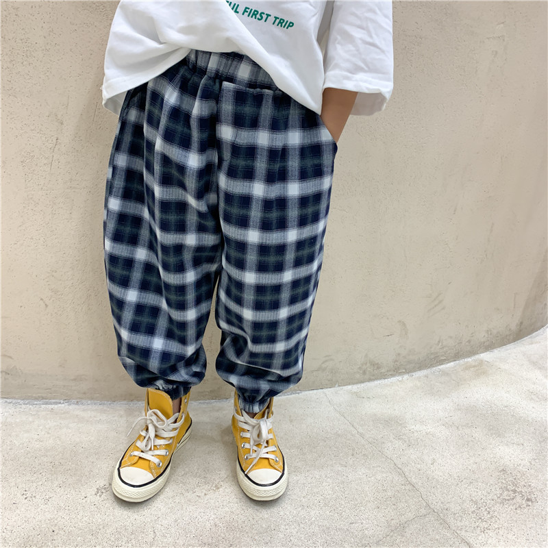 Herfst Dunne Losse Plaid Casual Broek Unisex Alle-Match Enkel-Gebonden Broek 2-7 Jaar Jongens En meisjes Bodems: Dark Blue / 6T