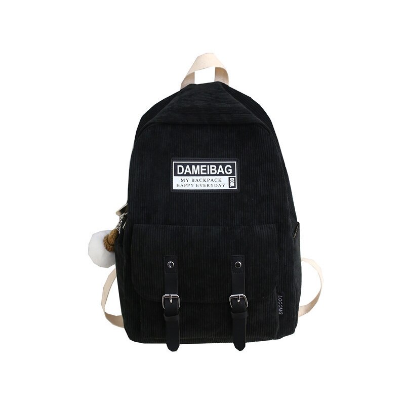 Stripe Corduroy Back Pack Women Cute School Bag Teenage Girls Backpack Harajuku Student Lady Book Bags With Pendant: Black