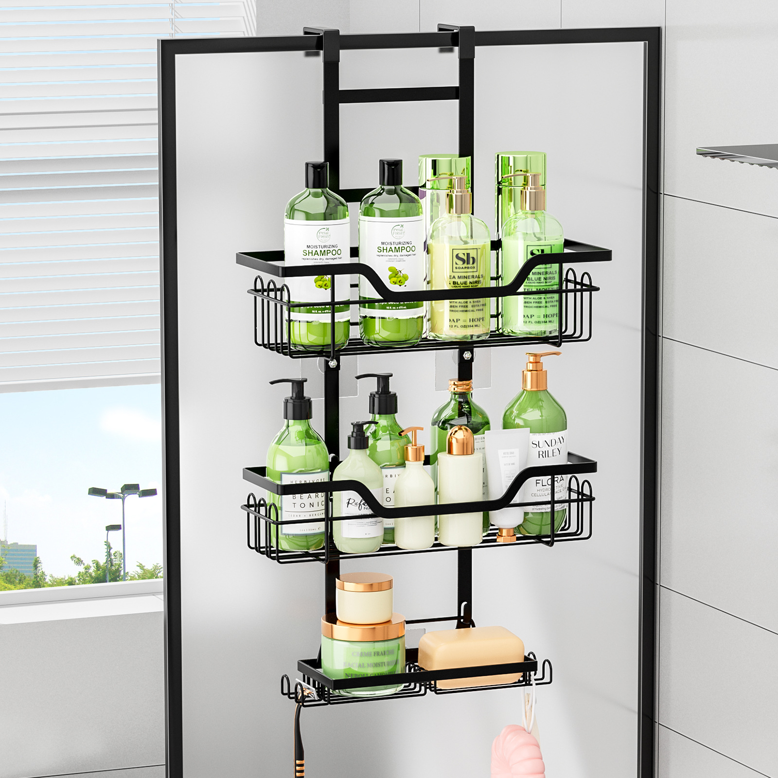 Drill-Free Bathroom Shelf Over Door Hanging Organizer Wall-Mounted Basket Rack Multi-Layer Shower Room Storage Shelf for Toilet: Brons