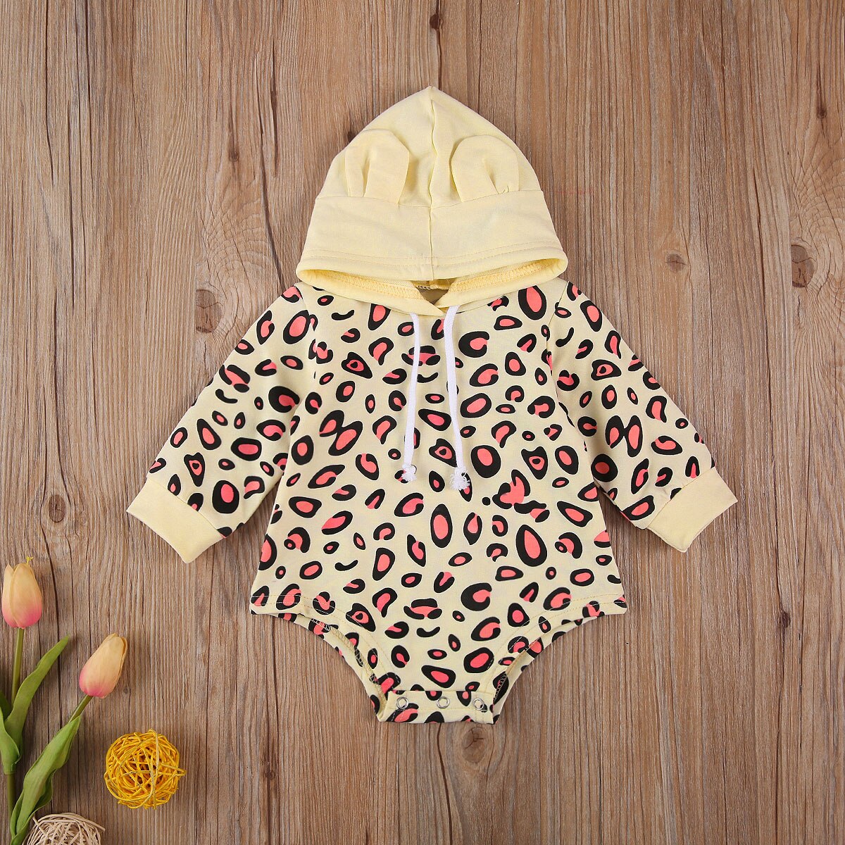 Peuter Baby Meisjes Jongens Oren Hoodie Jumpsuits Pak, Baby Lange Mouw Bodysuit, luipaard Afdrukken Hoodie Lente Herfst