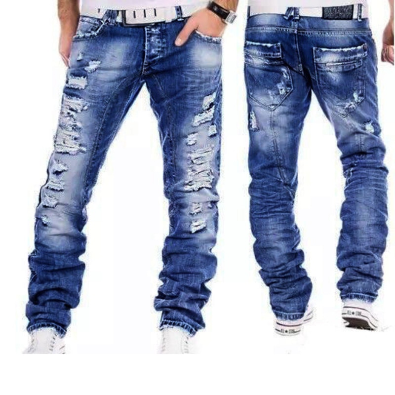 Men Jeans Water Wash Whitening Casual Straight Jeans For Male Hole Men's Clothing Pants
