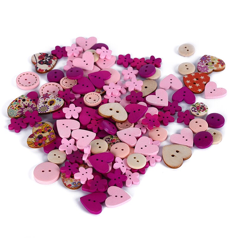 50/100 stuks houten knopen met 2 gaten en verschillende vormen voor scrapbooking, knutselen, doe-het-zelf, babykleding, naaiaccessoires, knoopdecoratie: 100 stuks roze