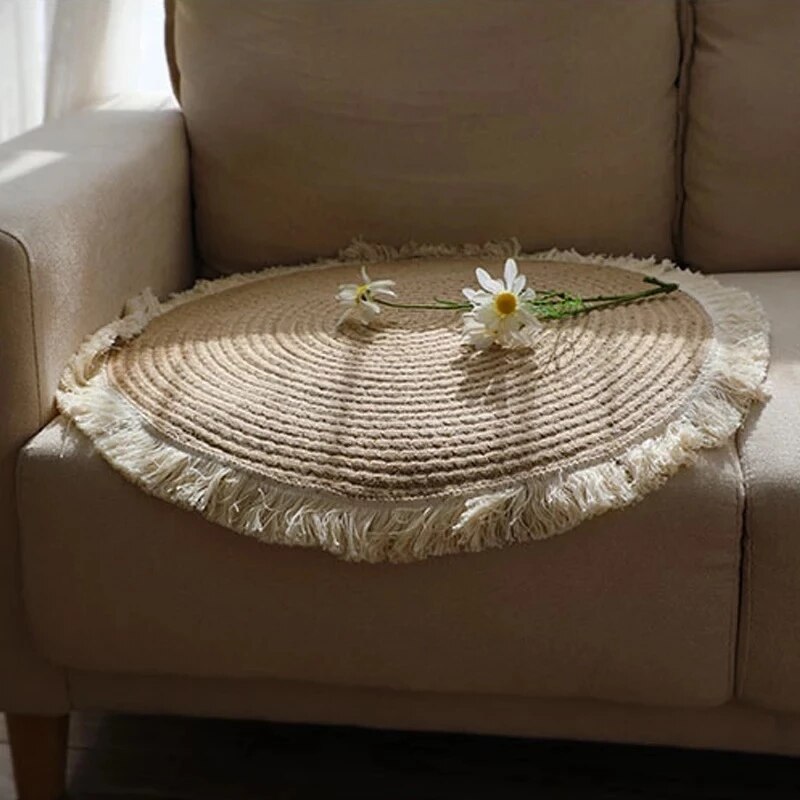 Runde jute tæpper japansk retro vævede tæpper med kvaster tæpper til stuen soveværelse sengen boligindretning vintage sofamåtter