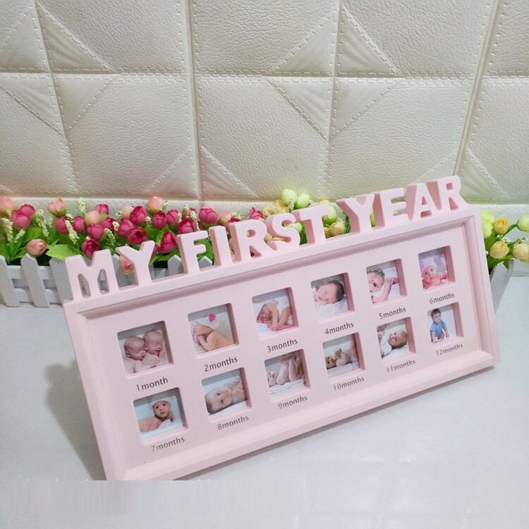 Creatieve DIY 0-12 Maand Baby MIJN EERSTE JAAR Foto 'S Souvenirs Herdenken Kids Groeiende Geheugen Display Plastic Foto frame: Pink