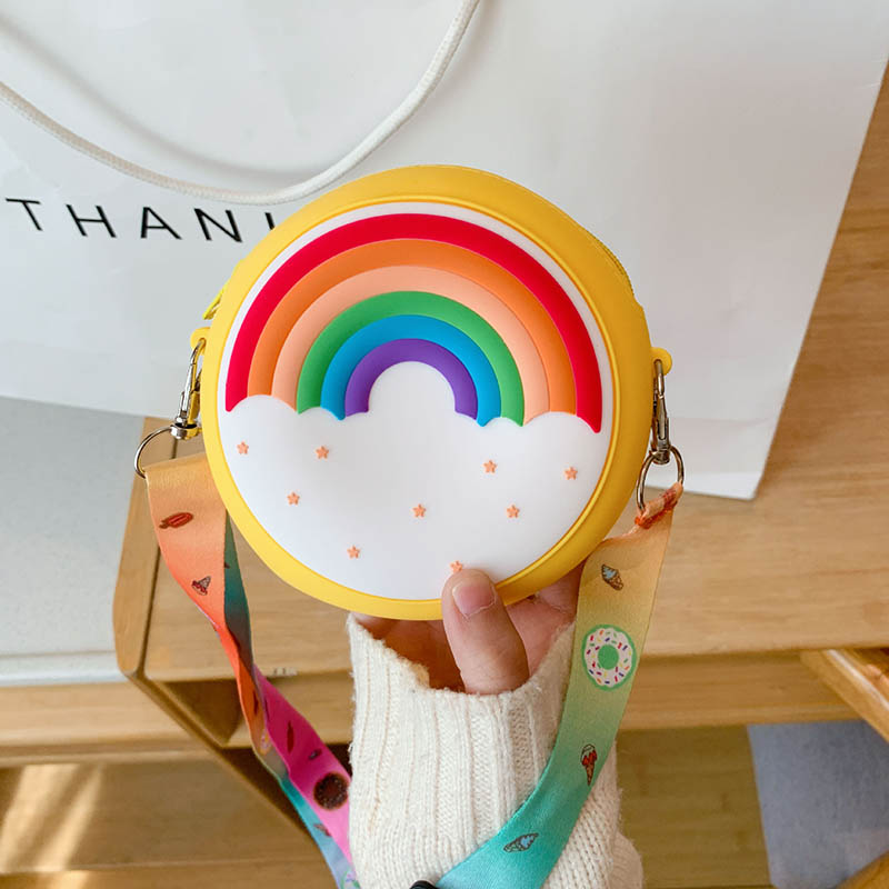 Silicone arco-íris redondo crossbody moeda saco criança menina crianças bolsa de ombro alça ajustável férias viagem bolso pacote