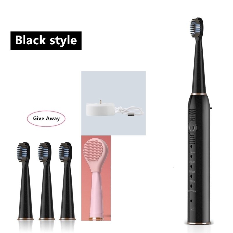 Phyopus ultrasone elektrische tandenborstel antislip snel opladen ipx 7 waterdicht 5- standen persoonlijke verzorging gezichtsborstel: Zwart