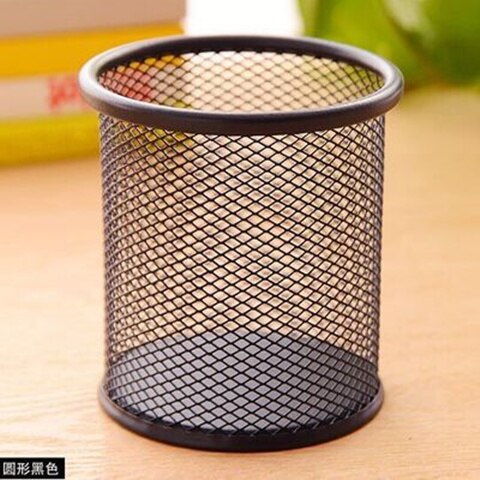 Portalápices negro para oficina, escritorio, malla de Metal, Cuadrado y Redondo, estuche con forma de taza, organizador de contenedores, estuche de lápices duradero: Round Black
