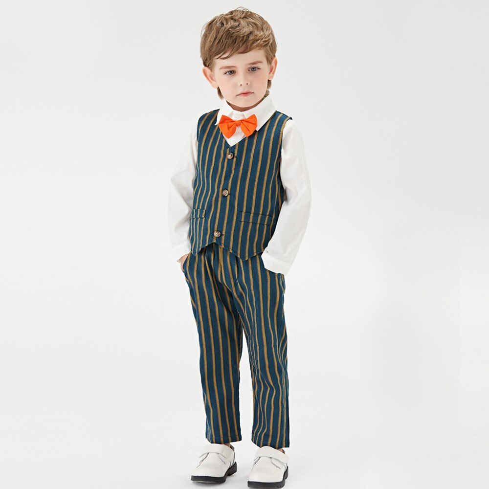 Babydragt børnedragter 3 stk/sæt børn baby drenge forretningsdragt stribet skjorte+bukser+vest sæt til drenge 1-6 år: 5t
