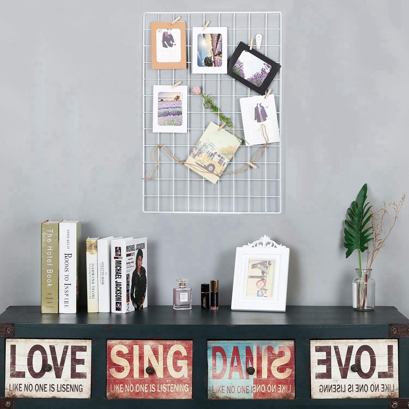 Panel de rejilla, pantalla de pared de fotos, decoración de pared de malla, pared de imagen colgante multifuncional, pantalla de arte DIY, con ganchos en forma de S, Clip