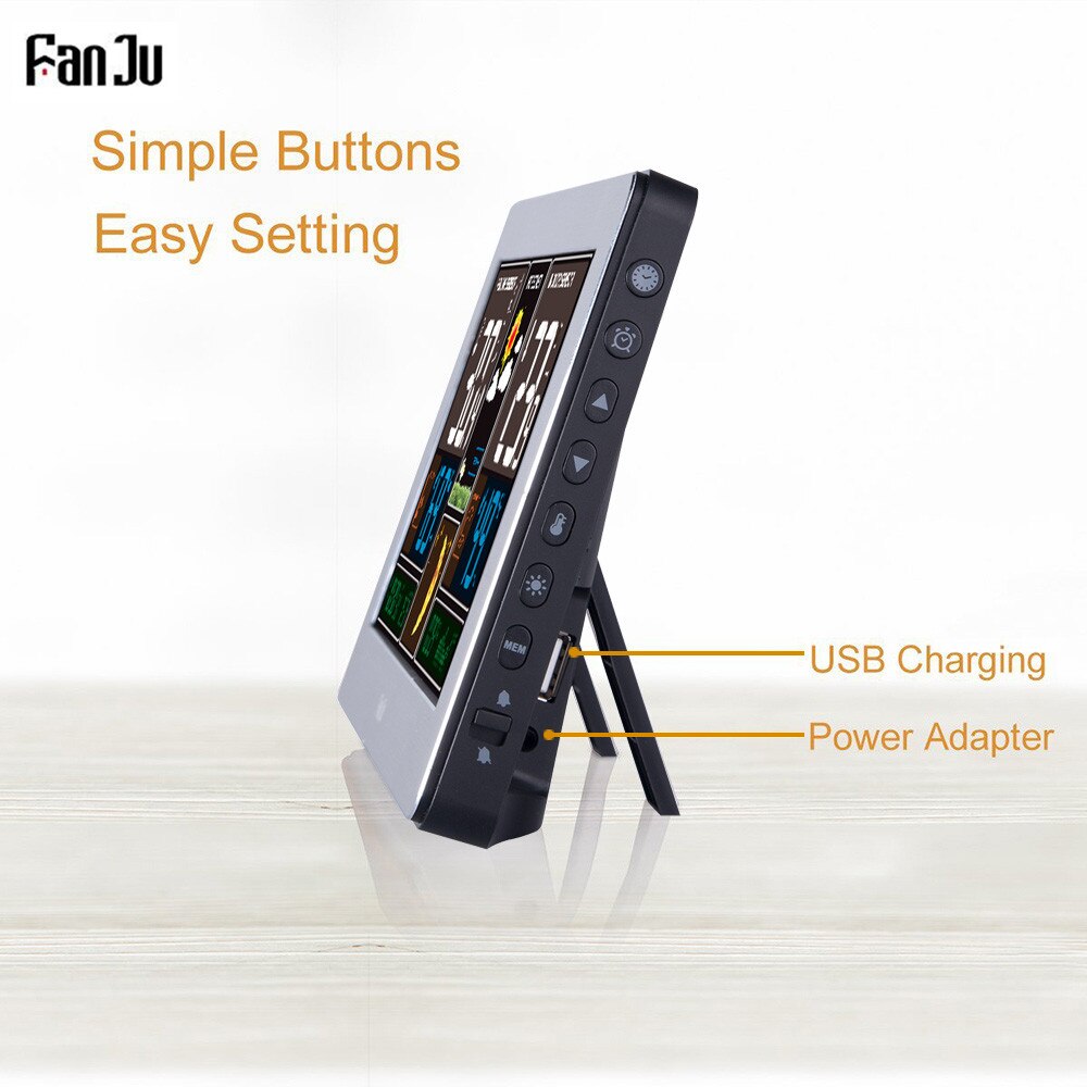FanJu FJ3378 Weather Station Wall Barometer Forecast Temperature Humidity Wireless Sensor Indoor Outdoor Hygrometer USB Charger