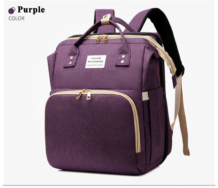 Bolsa de pañales para cama, de cuna, bolso de momia desmontable, impermeable, mochila de pañal de tela, almohadilla cambiante y ganchos: Purple