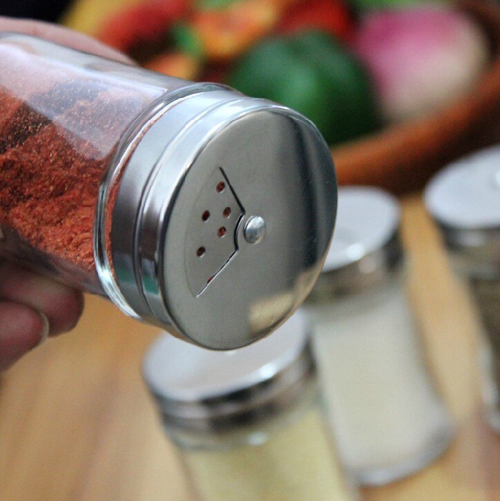 Glas krydderiflaske krydderiflaske krydderipotte rustfrit stål roterende låg køkkenredskaber peberryster grill sæt