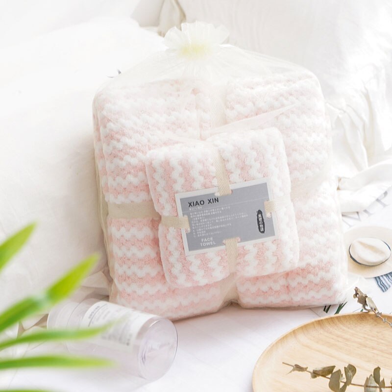 1 sæt stribe ansigt håndklæde absorberende hår håndklæde mikrofiber håndklæder svømning koral fleece mikrofiber håndklæde badeværelse forsyninger