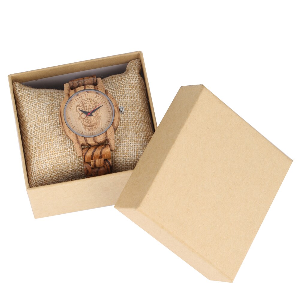 Atractivo reloj de madera de cuarzo para mujer, correa de madera con patrón de esqueleto, reloj de pulsera de cuarzo, para mujer: with box