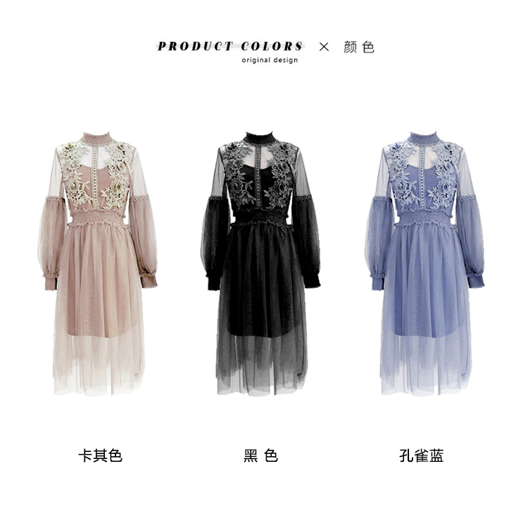 Women Dress Stand Collar Lantern Sleeve Mesh Dress See-through Lace Embroidery Fairy Dress Femme Vestidos Robe