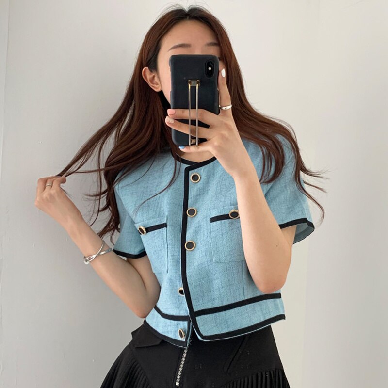 Gagarich damesjas koreaanse stijl chique ronde hals kleur bijpassende chique enkelrijs rechte dunne navel cropped jas top