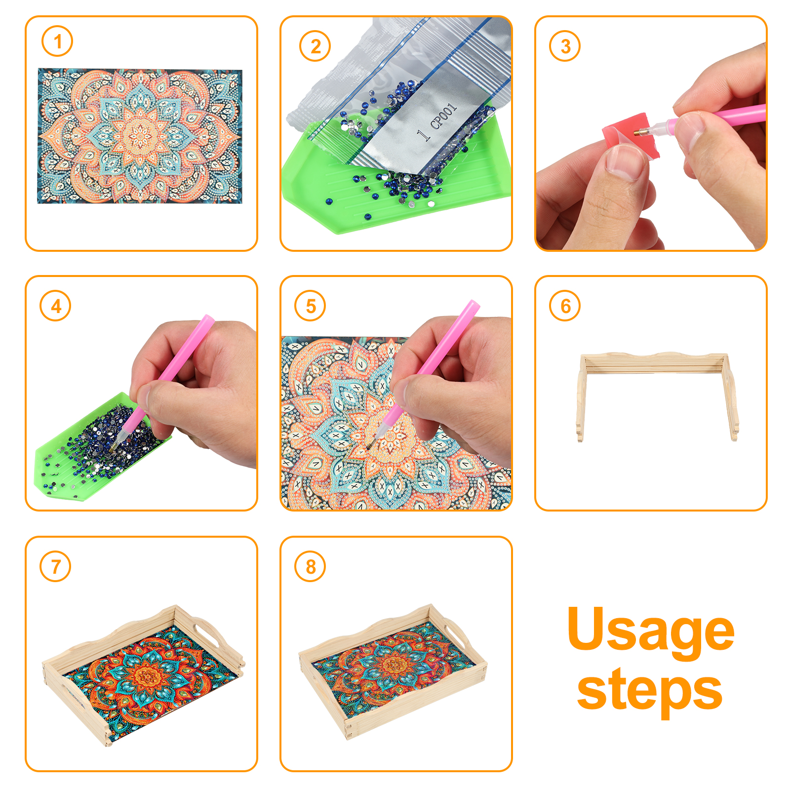 kit vassoio da portata con diamanti fai da te vassoio per alimenti con diamanti fai da te vassoio da portata in legno con diamanti in stile fiore colorato con manici per il cibo