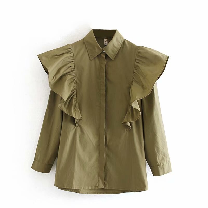 Hsa kvinner sommer poplin bluser langermet turn-dowm krage skjorte topper ensfarget knapp elegant volang bluse
