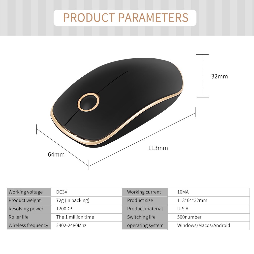 2.4g computer draadloze muis goud zwart ronde wiel stille draadloze muis eenvoudige en modieuze kantoor muis voor pc laptop