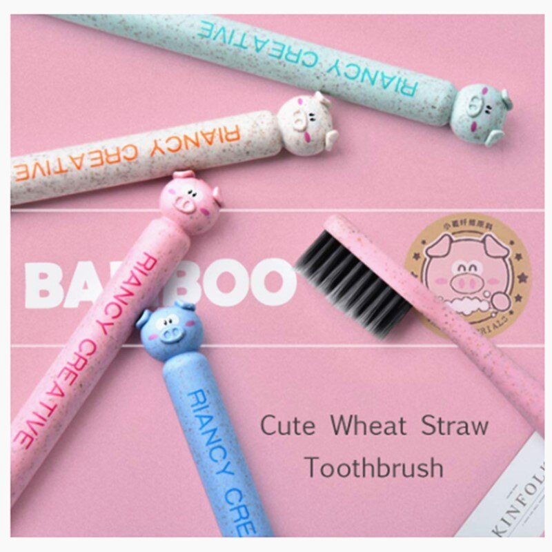 Cartoon Pig Wheat Straw Handle Toothbrush Soft Bamboo Fiber Manual Toothbrushes Sparkling Teeth Travel Toothbrush