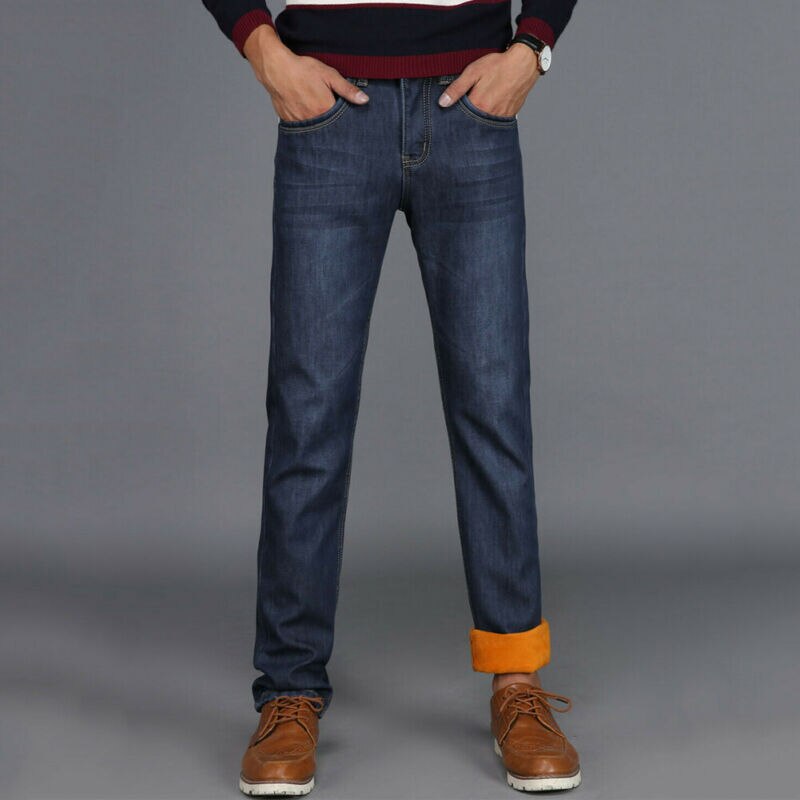 Termiske jeans til menn fleece foret denim lange bukser vinter tøye ut varme bukser ensfarget fleece uformelt trend: Mørke blå / 31