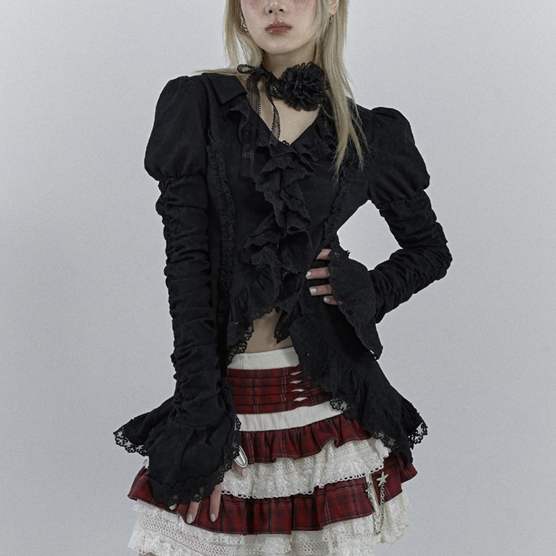 Karrcat gotisch schwarz Spitze Hemd dunkle ästhetische unregelmäßige Blusen Yamamoto Stil Grunge aufflackern Ärmel V-Ausschnitt Hemd Jahrgang Y2k Emo