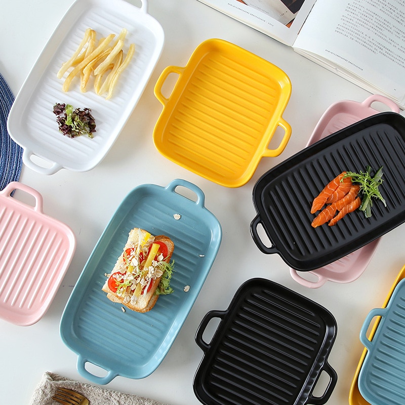 Nordic Solid Rectangle Ceramic Dinner Plate Double Ears Heat Resistant Porcelain Cheese Baking Plate Steak Sushi Fruit Tray