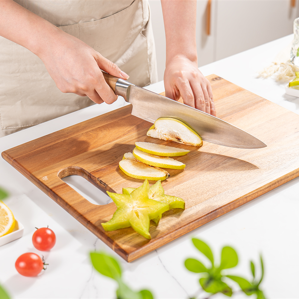 Großes Schneidebrett aus Akazienholz mit Griff, Holz-Schneideblöcke, lebensmittelechtes Metzger-Schneidebrett für Obst, Fleisch, Küchenwerkzeug