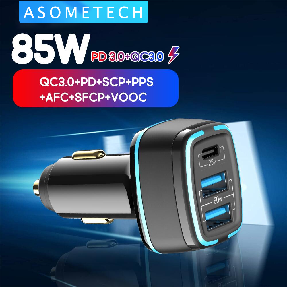 85w led carregador de carro usb tipo c 3 portas pps scp afc pd qc3.0 carregador rápido para portátil carregador de telefone de carro para iphone huawei samsung