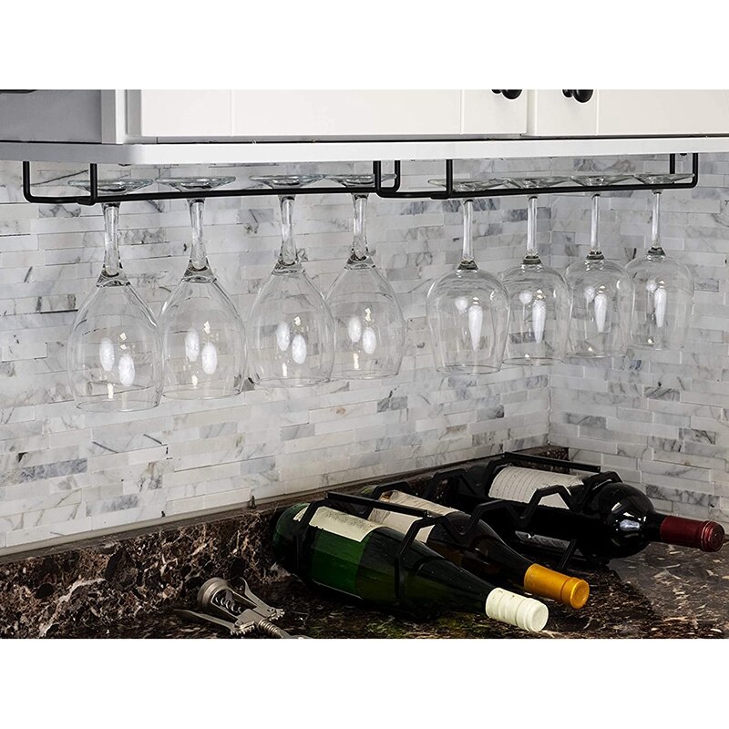 Large Stemware Wine Glass Hanger Rack Under Cabinet Kitchen Bar Storage Black Iron 17 Inch Set of 2