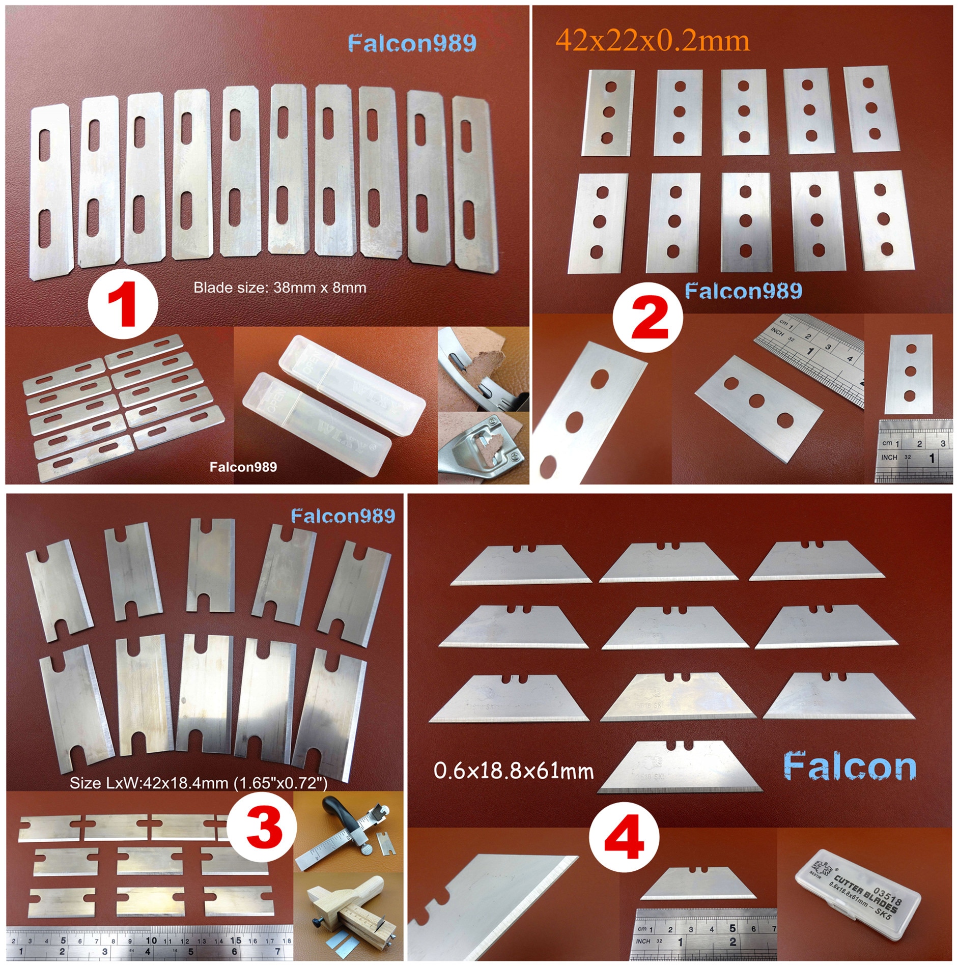 4kinds Leather Craft Skiver Beveler Lace Maker Australian Strander Cutter Knife Blades Tool - Sewing Stitching Carving Stamping