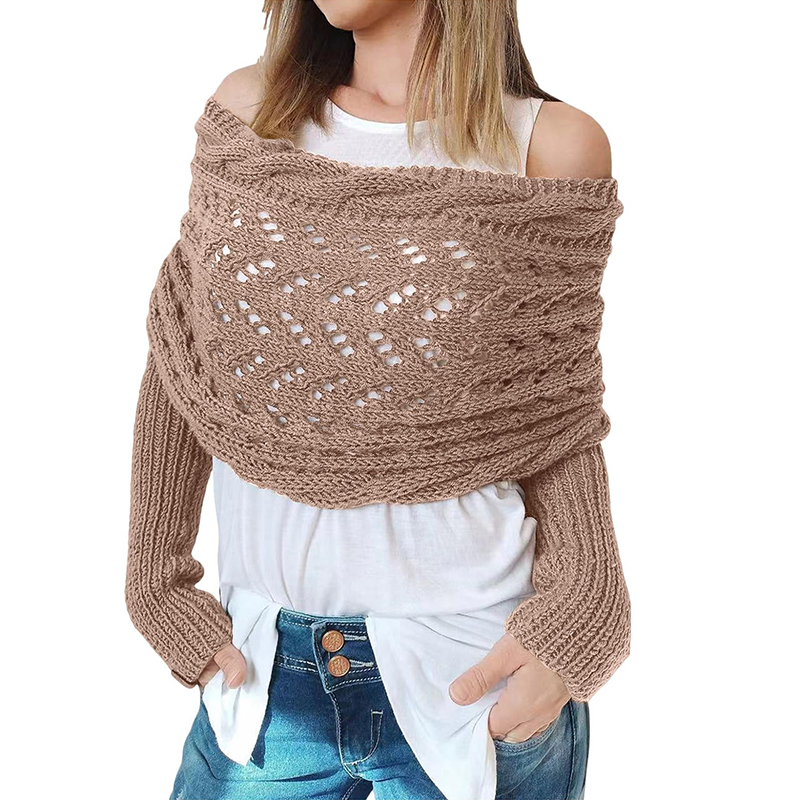 trenzado, envoltura de manga con mangas, Color sólido, patrón de ganchillo con giro hueco, chal para mujer, bufanda, suéter de estilo bohemio