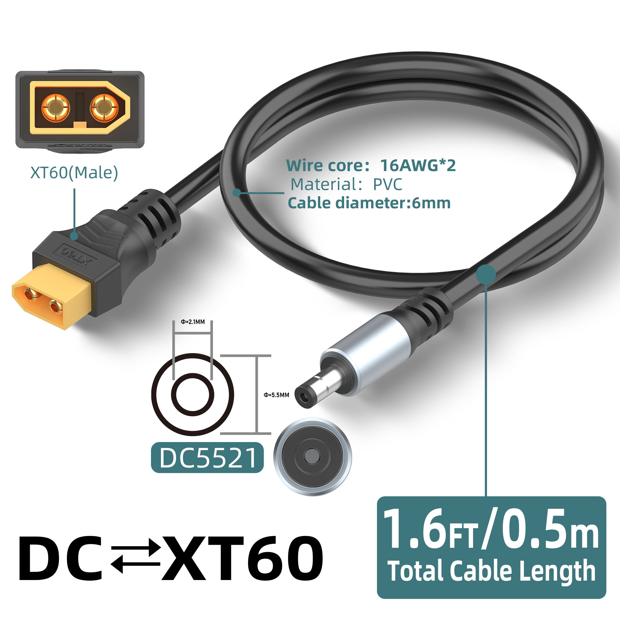16AWG XT60 vrouwelijk naar DC5521 mannelijk voedingskabeladapter voor zonne-energiecentrale en laptops